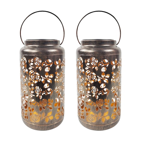 Snow Joe Bliss Outdoors Set of 2 Solar LED Lanterns w Rose Design  Hand Painted Finish BSL-313-BZ